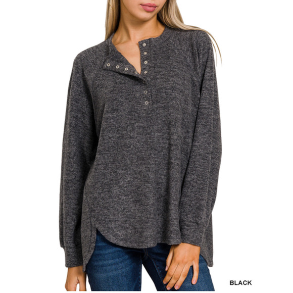 Zenana Womens Size L/XL Black Brushed oversized 7-button henley placket sweater - Picture 1 of 2